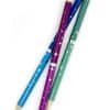 Colorful star-patterned wooden pencils in blue, purple, and green on white background.