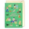 Bright birthday card featuring colorful illustrated dogs and pet owners celebrating outdoors, perfect for dog lovers and pet-themed birthday greetings.