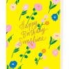 Bright yellow birthday card with colorful floral design and "Happy Birthday Sunshine" greeting, perfect for celebrating sunny birthdays and adding cheerful charm to any occasion.