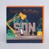 Bright birthday greeting card with tropical plant illustrations, highlighting "Happy Birthday" and "Sun" theme, perfect for celebrating sunny summer birthdays.