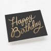 Happy birthday card with gold calligraphy on black background, perfect for celebrating special occasions and making loved ones feel appreciated.