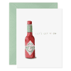 Hot sauce greeting card with spicy hot sauce illustration for food lovers and condiment enthusiasts, perfect for gifting or sending flavorful messages.