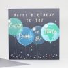 Colorful birthday card with balloons featuring earth design and celebratory message for Dad.
