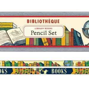 Colorful library-themed pencil set with book and globe illustrations, includes two pencils and a small eraser, perfect for students, teachers, and book enthusiasts.