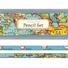 Map-themed pencil set with vintage world map design for stationery enthusiasts and travel lovers. Perfect for writing, drawing, or gifting, showcasing detailed country maps on pencils and storage tin.