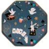 Colorful magic-themed decorative tray featuring rabbits, doves, playing cards, and whimsical illustrations, perfect for magical events or home decor.