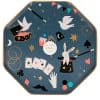 Colorful magic-themed party platter with illustrations of rabbits, doves, playing cards, and magic accessories, perfect for whimsical celebrations and magician-themed events.