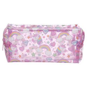 Colorful unicorn-themed clear pencil case with pink background, rainbows, hearts, clouds, and diamonds, ideal for school supplies and organization.