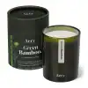 Aery Green Bamboo scented soy candle in a sleek black glass jar with minimalist white label, ideal for home decor and relaxation.