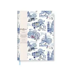 Blue and white illustrated London-themed notebook cover featuring iconic landmarks like Big Ben, the London Eye, and Tower Bridge, with decorative trees and whimsical elements.