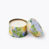 Colorful scented candle in a floral wrapped ceramic container featuring lemon and leaf design, perfect for home decor and gift-giving.