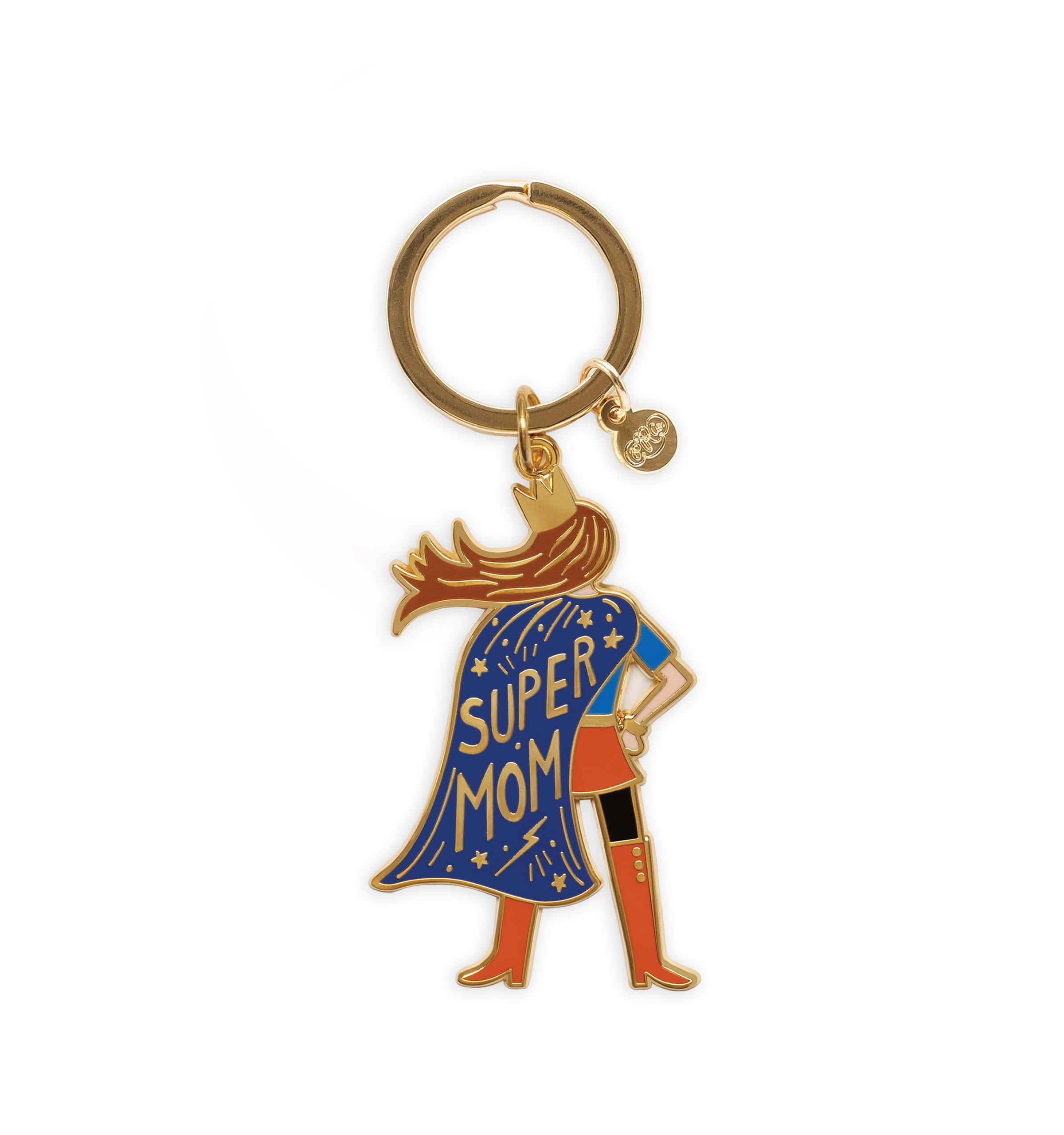 Supermom gold charm keychain with blue cape and superhero girl design featuring "Super Mom" text, perfect for moms, baby showers, and superhero-themed gifts.