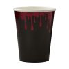 Vampire-themed black disposable coffee cup with red dripping blood design, perfect for spooky or Halloween-themed events, and stylish for coffee lovers.