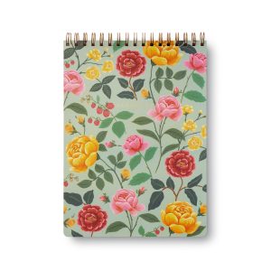 Vibrant floral notebook cover with pink, yellow, and red roses, featuring green foliage and small berries for a decorative, nature-inspired design.