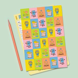 Colorful "I Love Books" sticker sheet with cute book and star designs, perfect for decorating notebooks, planners, and scrapbooks. Bright, fun, and ideal for book lovers and kids.