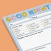 Colorful good night checklist sheet for kids, fun bedtime routine planner, cheerful and bright design, ideal for family homes, engaging way to wind down your day, printable activity for children, The Wraperie.