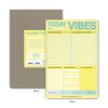 Vibe planner sheet with checklist for daily tasks, gratitude, and upcoming events, ideal for organizing positive vibes and productivity, featuring bright yellow and teal colors.