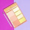 Organized daily planner sheet for productivity with sections for planning, self-care, food, mood, and highs & lows on a pink and purple background.