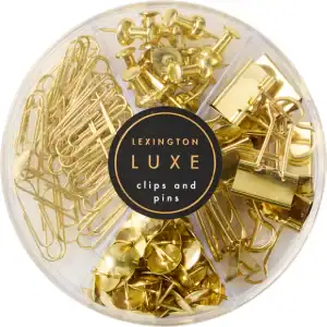 Gold paperclip, push pin, binder clip, and safety pin set for office, journal, or craft use - Lexington Luxe.