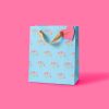 Bright blue gift bag with pink and orange floral pattern, gold ribbon handle, and pink heart tag reading "For You", perfect for special occasions and gift-giving.
