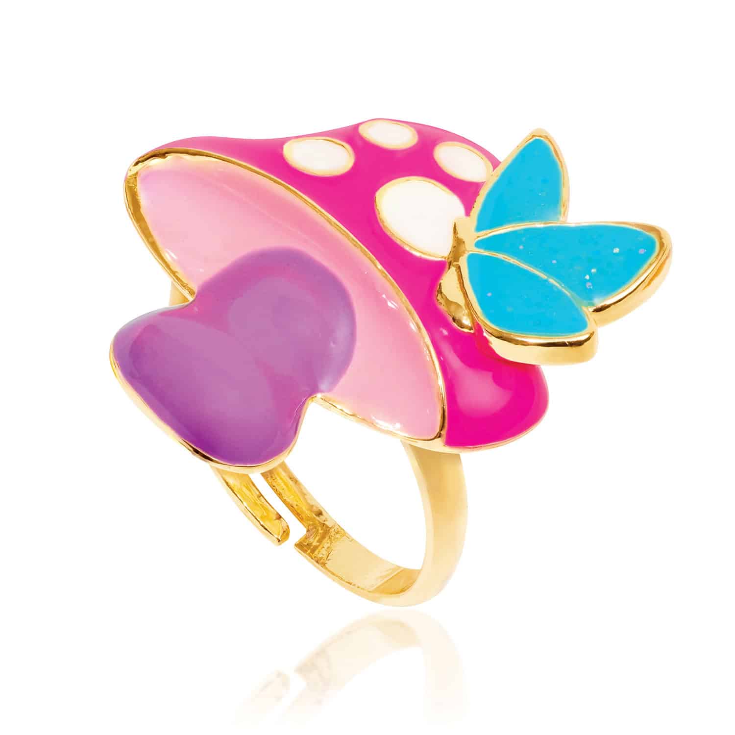 Colorful enamel butterfly and heart ring featuring pink, purple, blue, and white accents with gold detailing, perfect for fun, stylish jewelry, and gift ideas.