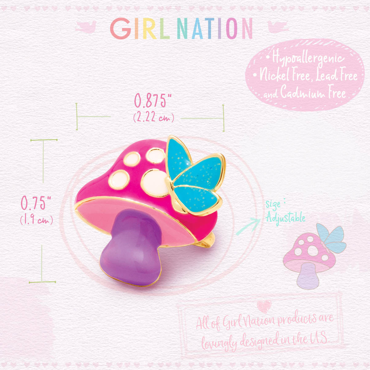 Bright pink mushroom-shaped jewelry clip with adorable blue butterfly accent, hypoallergenic, nickel-free, lead-free, cadmium-free, adjustable size, perfect for Girl Nation fans, US-designed and crafted.