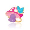 Pink and purple mushroom-shaped enamel ring with turquoise butterfly accent, featuring gold outlining and whimsical design, perfect for playful jewelry lovers.