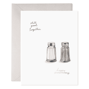 Salt and pepper shakers anniversary greeting card with minimalist watercolor design and handwritten text, ideal for celebrating special occasions with a touch of elegance.