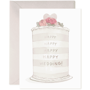 Pink wedding cake greeting card with roses and "Happy Wedding" message, perfect for wedding celebration and romantic occasion cards.