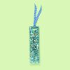 Bright blue and green glittery keychain with a checkered blue ribbon, ideal for outdoor use, and designed to add sparkle and style to your accessories at The Wraperie.