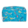 Vibrant blue cosmetic bag with colorful bird and floral patterns, perfect for travel makeup or accessories.