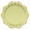 Elegant pastel yellow ceramic platter with gold accents and intricate decorative border, ideal for serving or display. Perfect for gatherings, parties, or stylish table settings.