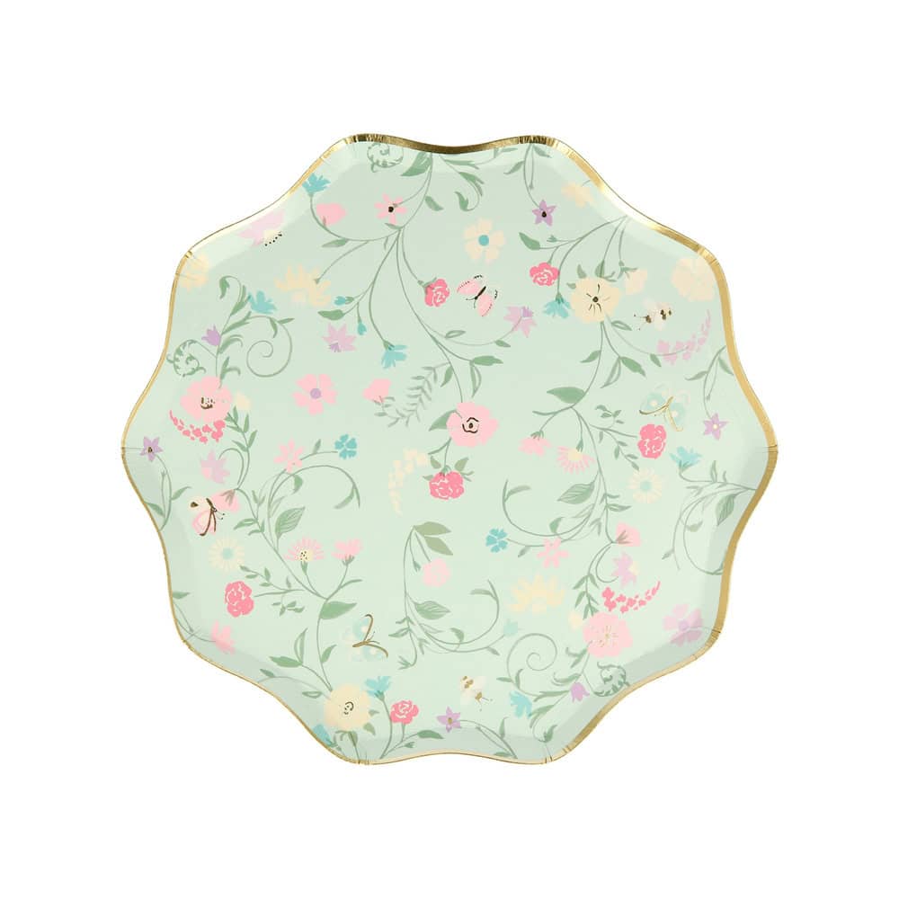 Elegant floral patterned plate with gold trim, perfect for tea parties and special occasions at The Wraperie.