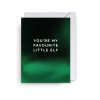 Warm holiday greeting card with "You're my favourite little elf" message, featuring a festive green and black gradient design for special occasions and seasonal gift-giving.