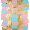 Gold, pink, and blue paper fringe party backdrop for celebrations and events.