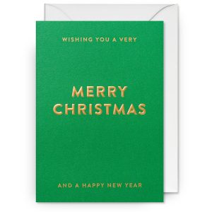 Bright green holiday greeting card with gold embossed "Merry Christmas" message and "Wishing you a very" and "and a happy new year" text, perfect for Christmas and New Year wishes.