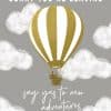 Hot air balloon illustration with clouds, "Sorry you're leaving" message, and encouragement to embrace new adventures. Perfect for farewell, travel, or motivational contexts.