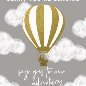 Hot air balloon illustration with clouds, "Sorry you're leaving" message, and encouragement to embrace new adventures. Perfect for farewell, travel, or motivational contexts.