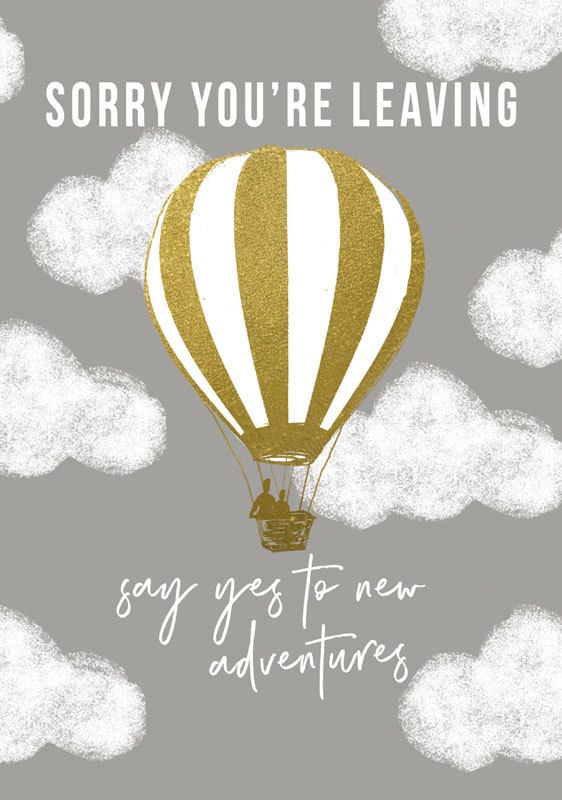Hot air balloon illustration with clouds, "Sorry you're leaving" message, and encouragement to embrace new adventures. Perfect for farewell, travel, or motivational contexts.