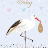Elegant baby shower card featuring a stork carrying a bundle with pastel hearts and stars, perfect for Celebrate the arrival of a new baby with charming stationery from The Wraperie.