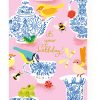 Bright pink birthday card featuring whimsical illustrations of birds, bees, a caterpillar, and floral patterns, with "it's your birthday!" message, perfect for celebrating special occasions with cheerful, colorful designs.
