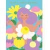 Bright and cheerful birthday greeting card featuring a happy woman with purple hair surrounded by colorful flowers and vegetables, ideal for celebrating special occasions.