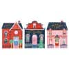 Colorful holiday-themed gingerbread houses with festive decorations and “Merry Christmas” and “Season's Greetings” signs, perfect for Christmas decor and seasonal celebrations.