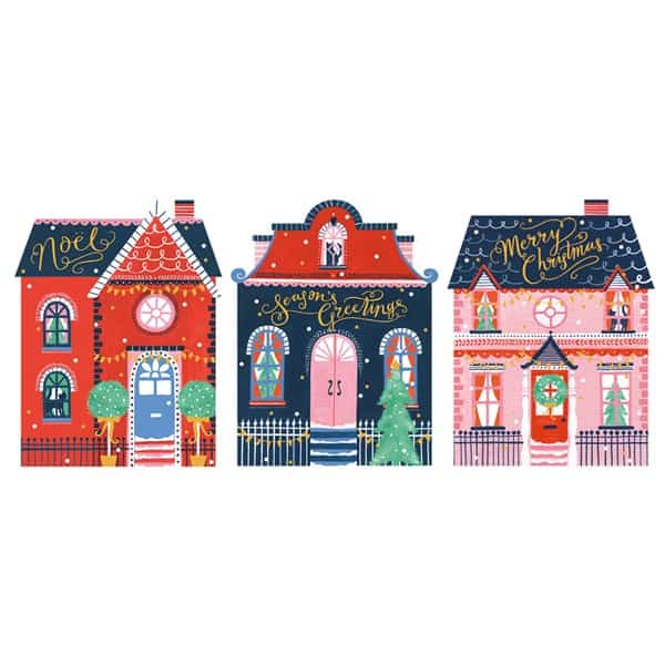 Colorful holiday-themed gingerbread houses with festive decorations and “Merry Christmas” and “Season's Greetings” signs, perfect for Christmas decor and seasonal celebrations.
