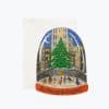 Festive holiday greeting card featuring a Christmas tree, city skyline, and ice skating scene with 