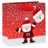 Cheerful Christmas gift bag with Santa Claus illustration and festive polka dot design, perfect for holiday gift wrapping and holiday season celebrations.