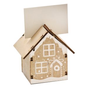 Cozy wooden house-shaped note holder with white painted window and door design, perfect for home decor or holiday Christmas craft projects.