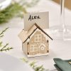 Mini wooden house favor or place card holder for wedding or event table decor with personalized name tag.