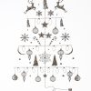 Elegant Christmas tree outline featuring festive decorations, ornaments, stars, reindeer, candy canes, and snowflakes for holiday spirit and seasonal decor.