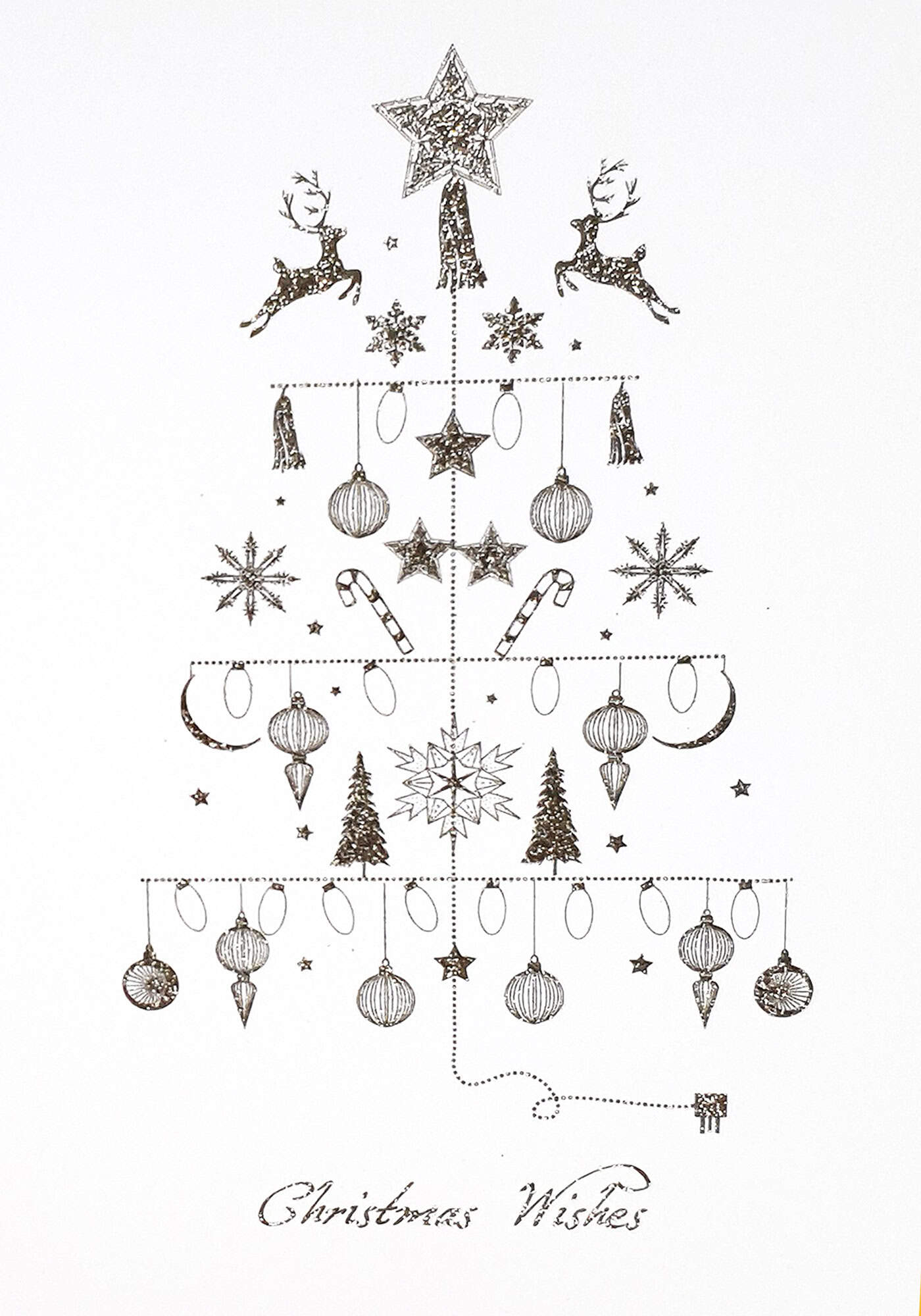 Elegant Christmas tree outline featuring festive decorations, ornaments, stars, reindeer, candy canes, and snowflakes for holiday spirit and seasonal decor.